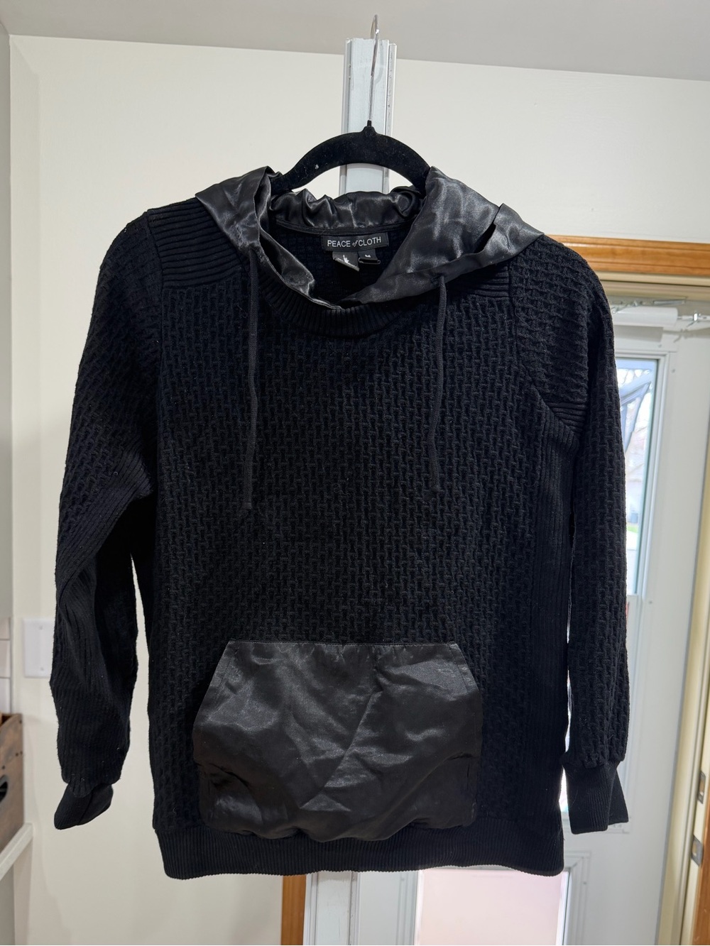 Peace of Cloth Black Knit Hoodie with Satin Accents